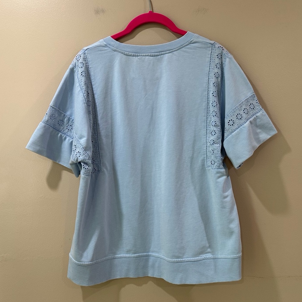 Jane And Delancey Washed Blue Eyelet Lace Sleeve Sweatshirt Tee Womens S NWT - Picture 2 of 6